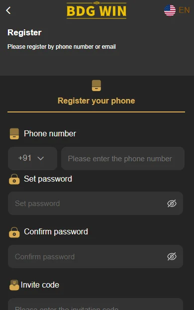 BDG Win registration page